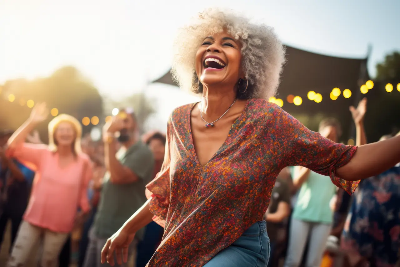 A joyful woman with curly silver hair laughing and dancing with arms outstretched at an outdoor community event, wearing a colorful floral blouse and hoop earrings, with other people dancing and string lights glowing in the blurred background during golden hour.