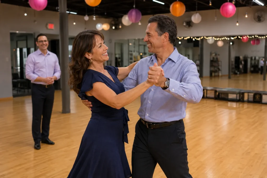 Beginner couple enjoying dance lessons at Arthur Murray Dance Studio in The Woodlands, TX.