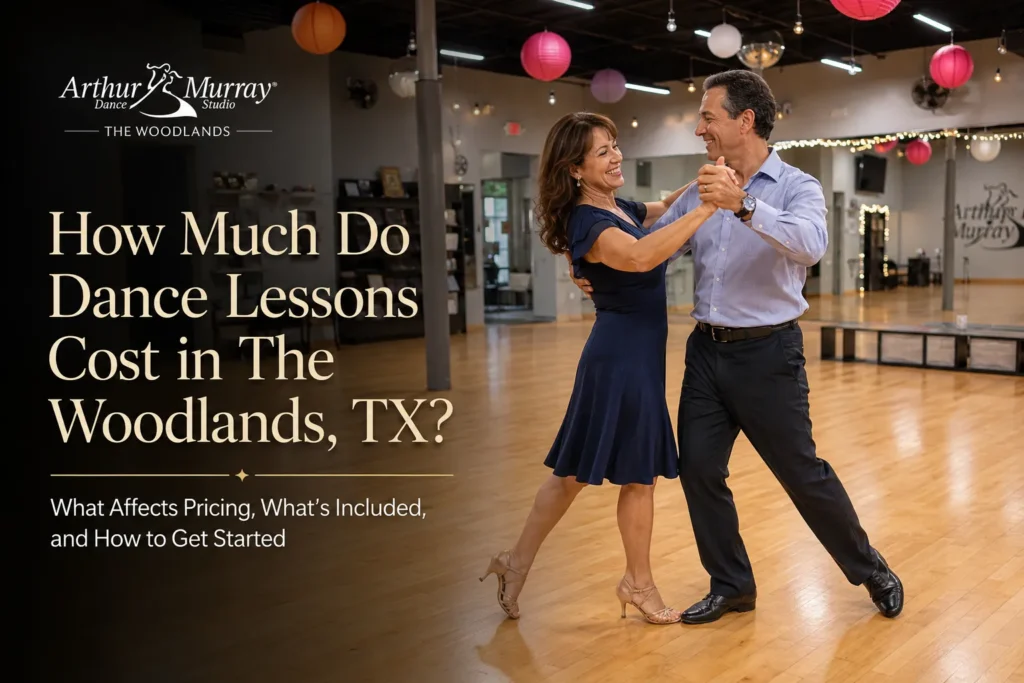 Couple dancing at Arthur Murray Dance Studio in The Woodlands, TX for a blog about how much dance lessons cost.