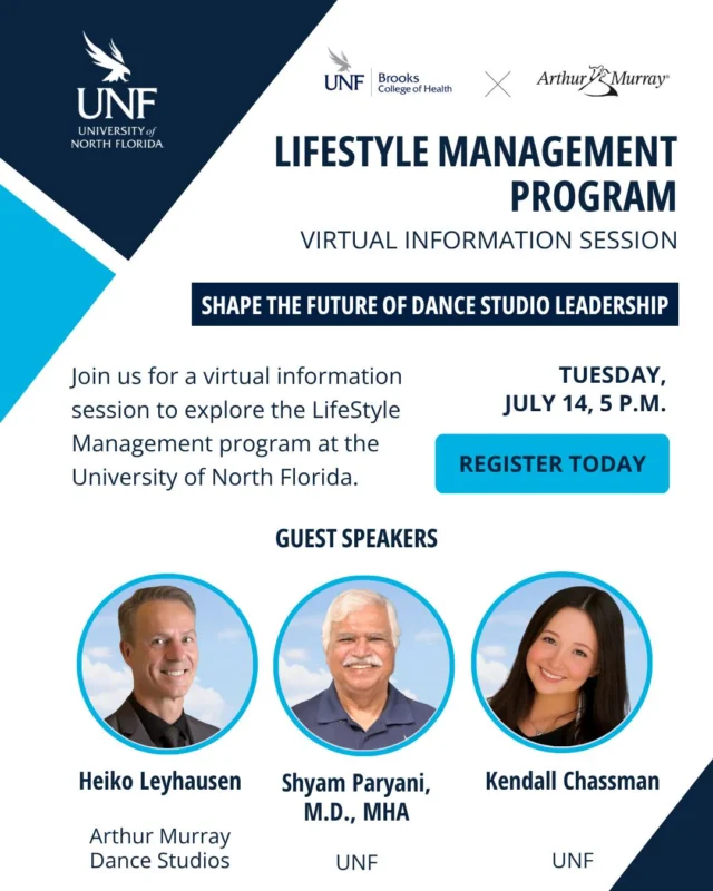 The wellness industry is expanding. Strong leadership is essential.We are proud to be teaming up with @UNBrooksHealth to prepare the next generation of studio leaders through the online LifeStyle Management program.Join the virtual info session:
📅 July 14 | 5 p.m.Ready to lead? Register on our link in bio.@UNF.Online @UNFGradSchool @UNFHASA @unf_health_admin @KendallChassman